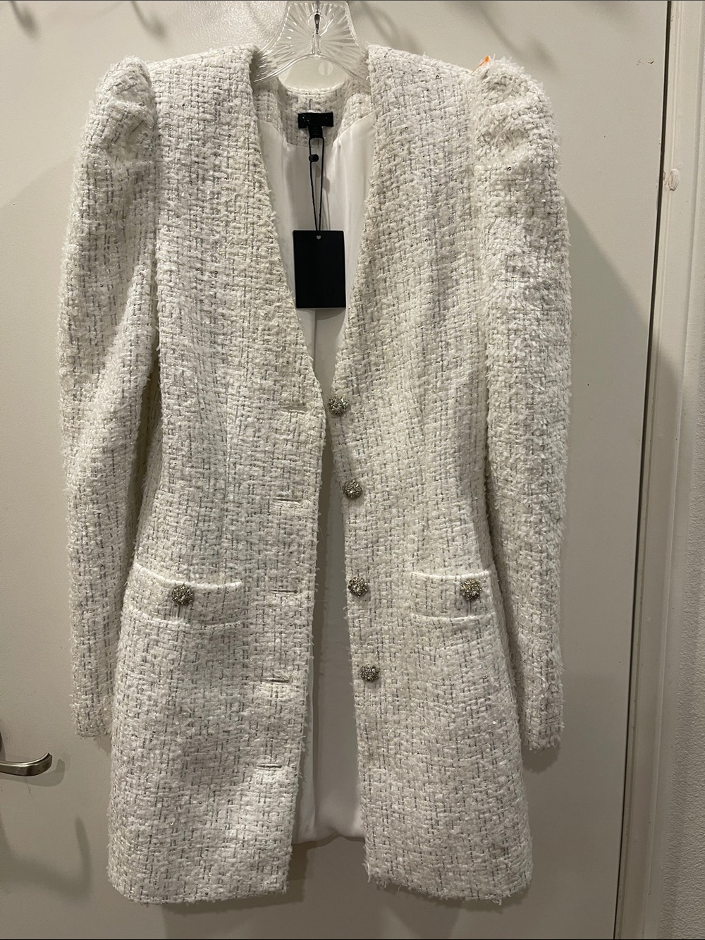 NBD White Tweed Longline Blazer with Embellished Buttons